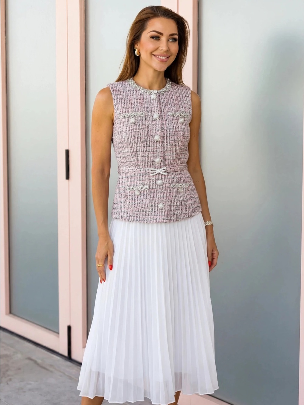 Pink Tweed Pleated Midi Dress with Crystal Bow Belt | Elegant Sleeveless Dress